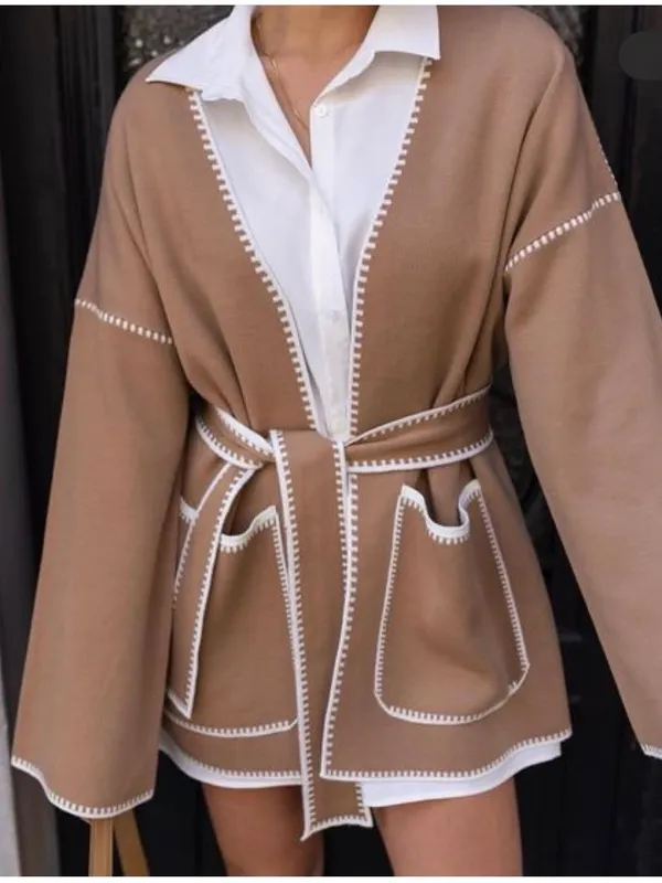 Fashion Hunter Camel Belted Kimono / Cardigan with White Trim - Image 2