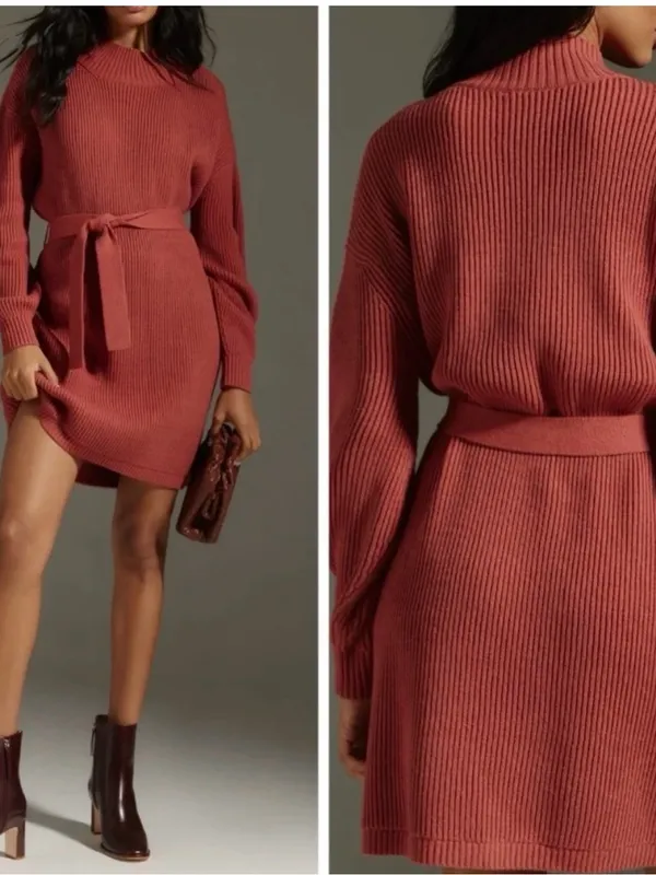 Anthropologie Maeve Size XS Mock Neck Tie Waist Sweater Mini Dress Cedar Color - Image 2