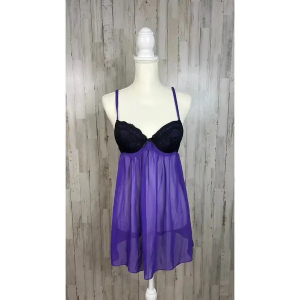 Ambrielle Women's‎ Medium Purple & Black Lace Babydoll Dress Nightgown - Image 2