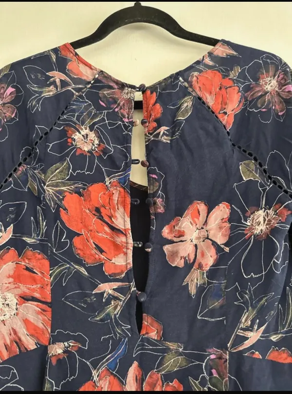 Free People Navy Floral Keyhole Blouse with Pink & Coral Accents - Image 3