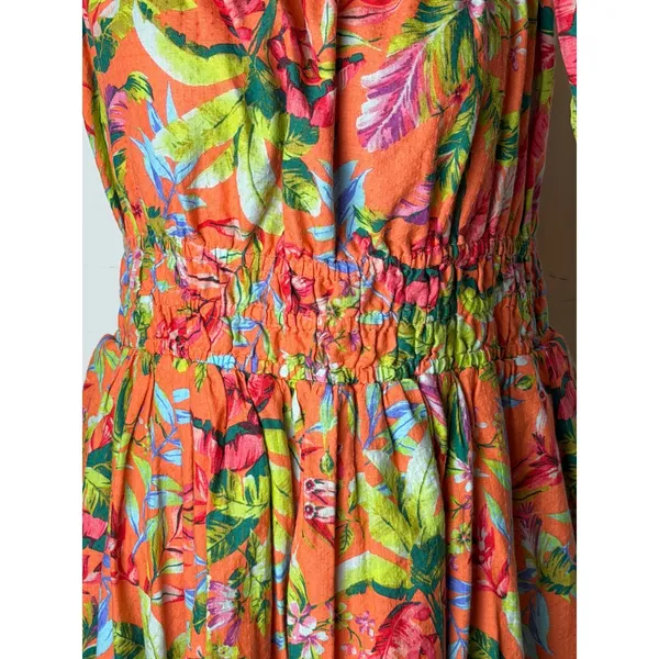 Lands' End Dress Women‎ Medium Orange Tropical Floral Smocked Tie Shoulder Midi - Image 8