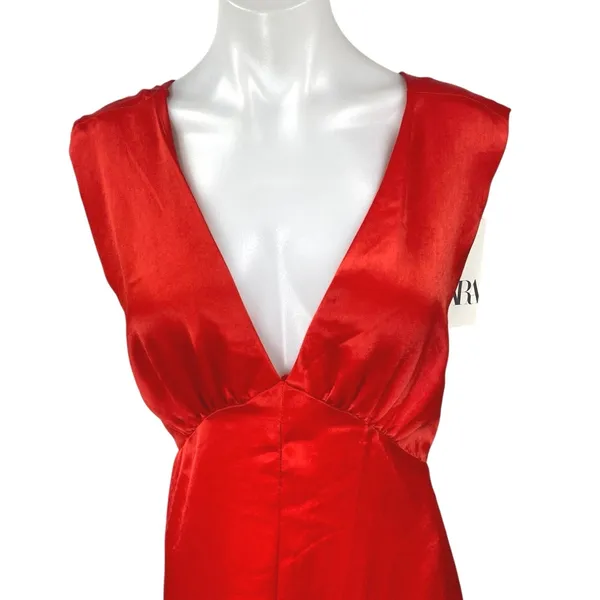 NEW Zara Red Satin Silk Sleeveless Deep V Neck Slit Cutout Back Maxi Dress Sz L - Image 4