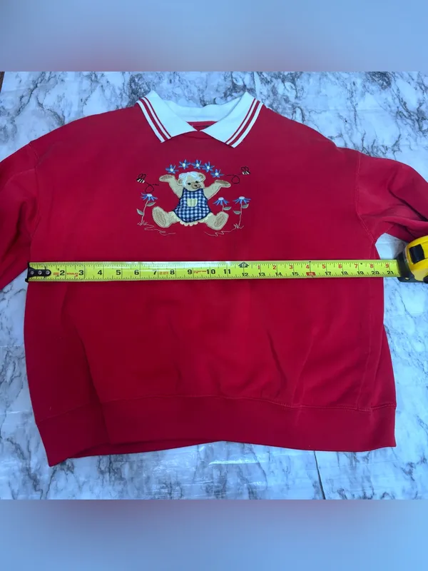 Vintage Red Crewneck Sweater Teddy Bear White Polo Collar size large - Image 5