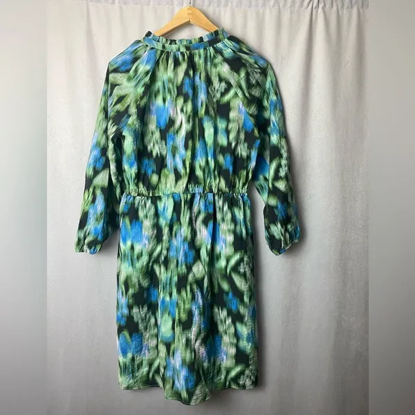 Boho Chic Ruffle Neck Mini Dress Party Green /Blue Patterned Mini Dress S - Image 3