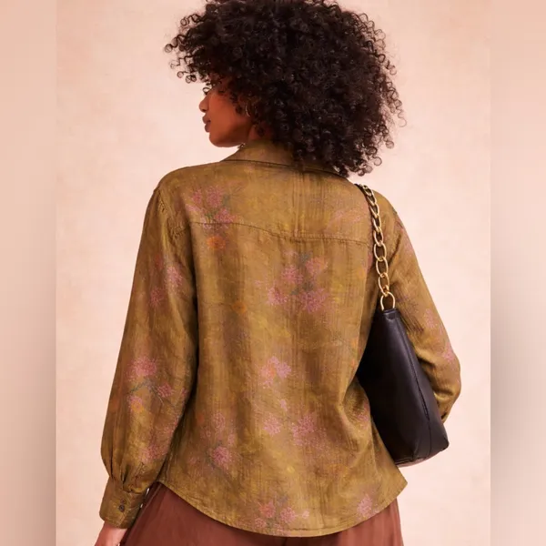 🌿 Trendy Free People Floral Moss Camp Shirt Top Greyed Olive Size: S (fits 6–8) - Image 3