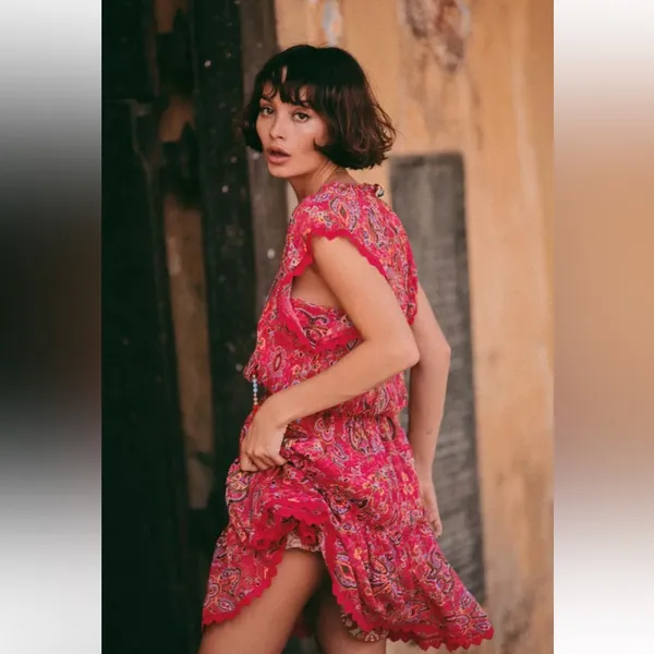 Sunrise by The Kooples Reef Paisley Print‎ Silk Chiffon Mini Dress Pink Size 2 - Image 4