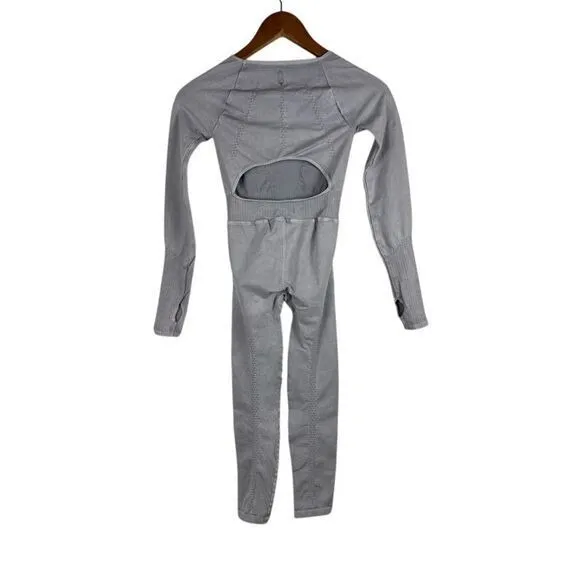 Free People Movement XS Good Karma Long Sleeve Long Sleeve Jumpsuit Ice‎ Grey - Image 3