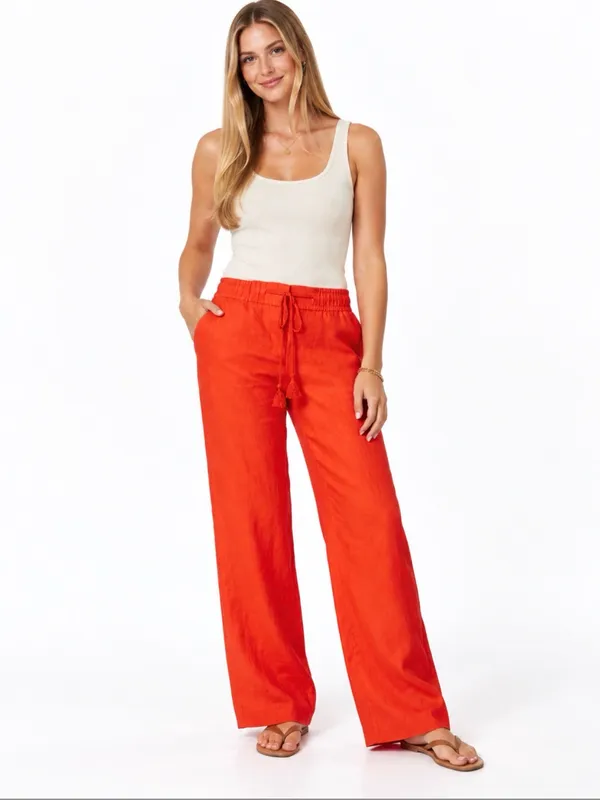 LOFT Women’s 12 Orange 100% Linen Wide Leg Tassel Drawstring Pull On Beach Pants - Image 2