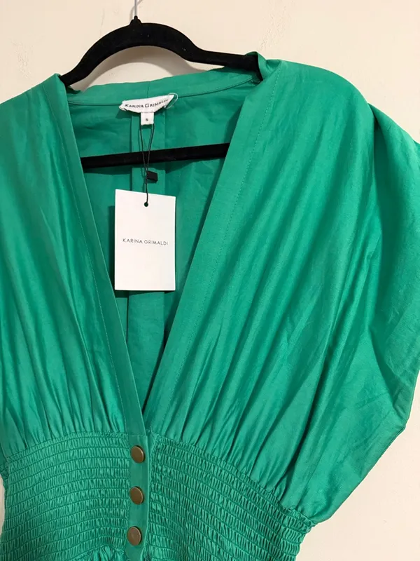 NWT Karina Grimaldi Emerald Green deep V-Neck Midi Dress hayley size S eyelet - Image 2