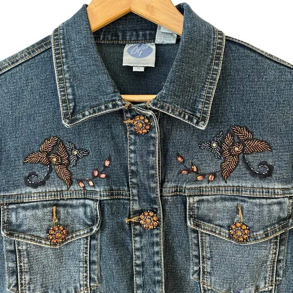 Diane Gilman Women’s Denim‎ Funky Boho Jacket Rhinestone Buttons Beaded Fringe - Image 3