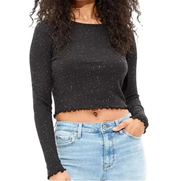 New American Eagle Black White Speckle Long Sleeve Ribbed Crop Top Women's Sz S - Image 2