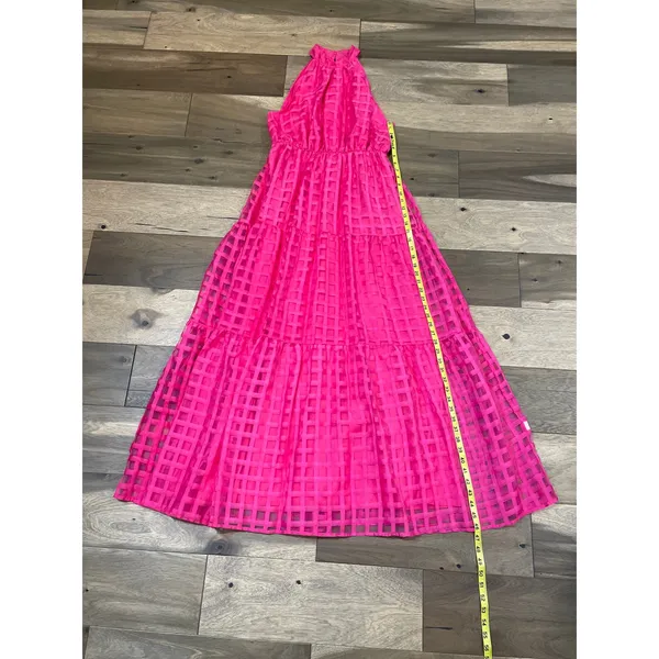 ChicWish Pink Dress with Solid & Sheer Checkered Overlay Halter Ruffle Neck Sz M - Image 6