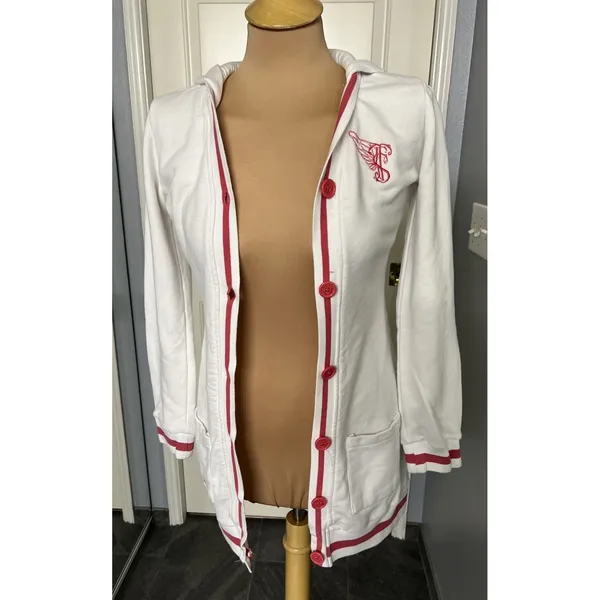 Triple Five Soul Button Up Cardigan Hoodie White Pink Varsity Y2K Retro - Image 8