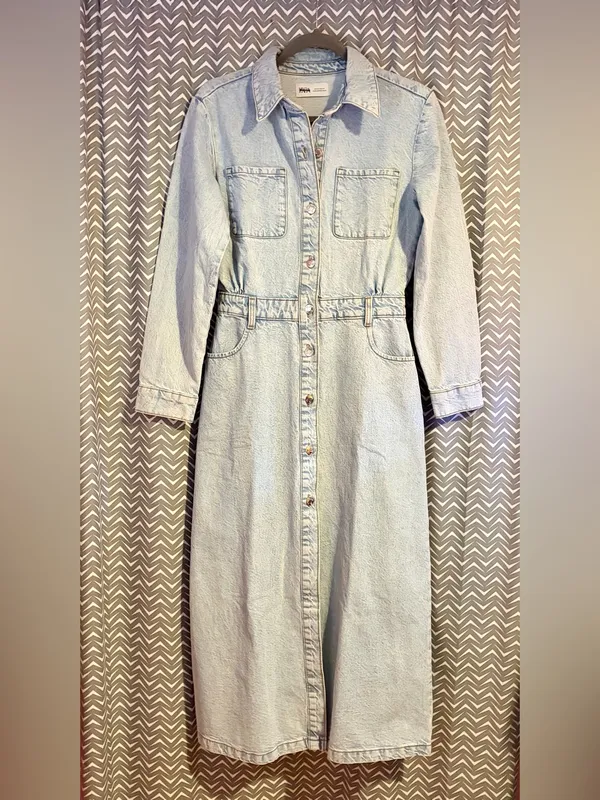 Zara | Long Sleeve Denim Maxi Dress, XS - Image 3