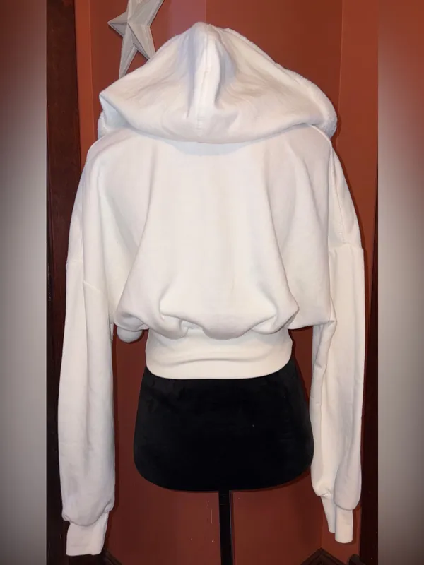Women's White Hooded Zip Jacket with Pom Drawstrings - Image 4