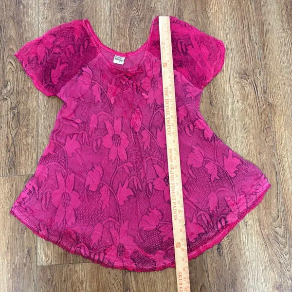 VTG y2k‎ Pink Floral Tunic Top Sheer Lace Up Boho Womens L beach cover up fairy - Image 2