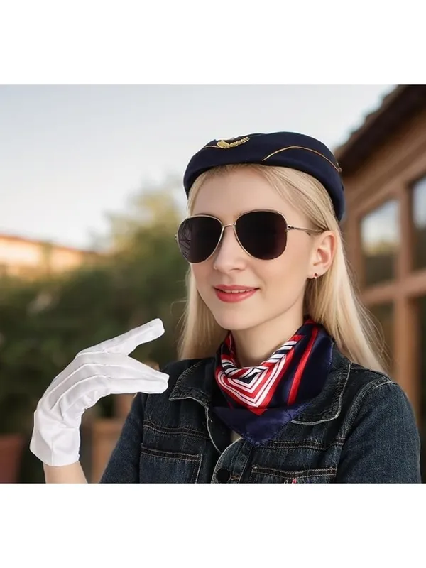 Flight Attendant Costume Accessories Stewardess Hat Sunglasses Scarf Gloves OS - Image 5