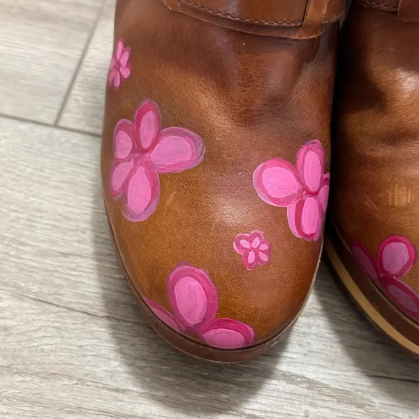 Madewell Leather Floral Clog Mules Women's 9 Brown Pink Wood Heel Y2K Boho - Image 4