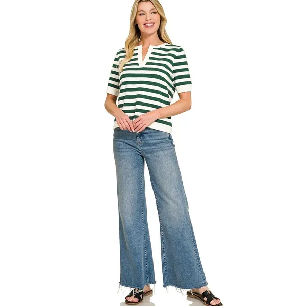 Zenana Split Neck Stripe Short Sleeve Sweater - Hunter Green‎ - Medium - Image 3