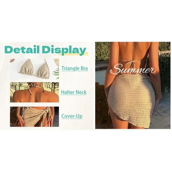 Women's 3 Piece Swimsuit Halter Triangle String Bikini Set Orange LARGE - Image 5