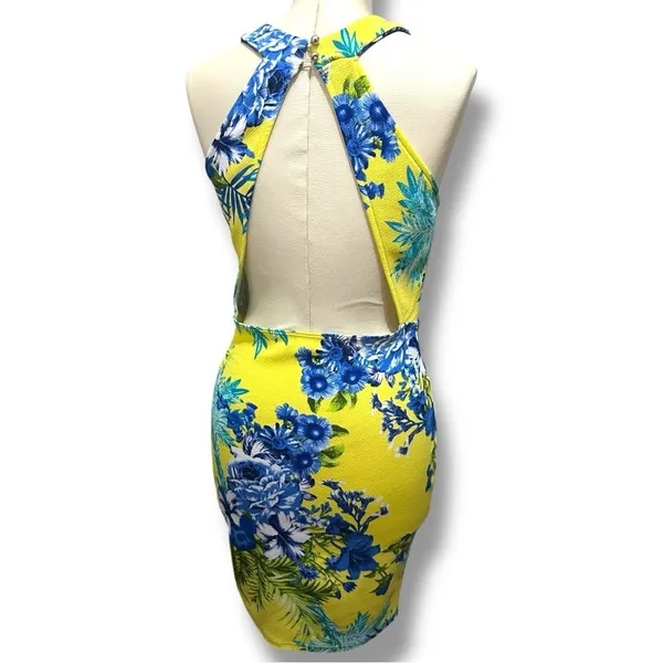 152 Vintage Shop |NWOT USA Yellow Tropical Floral Open Back Bodycon Dress (sz M) - Image 4