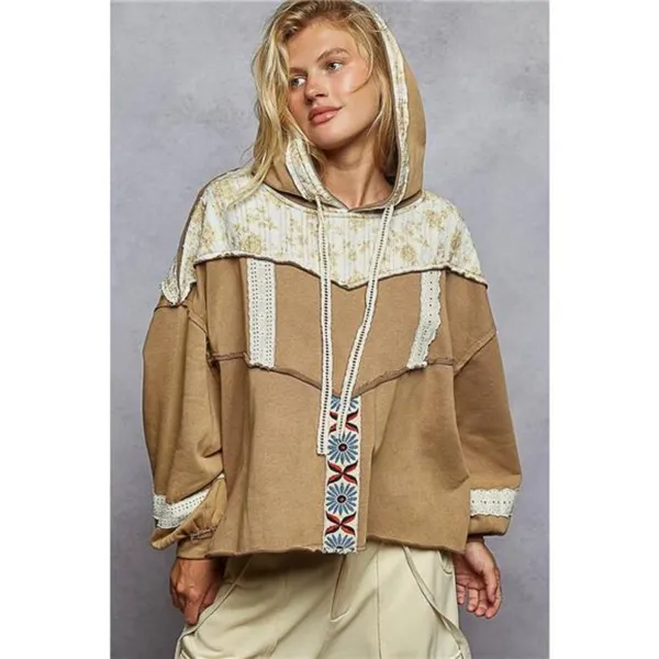 POL Drawstring French Terry Hoodie with Gauze Print‎ Patch - Image 3