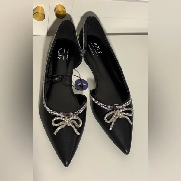 Apt 9 Emmalyn Black cutout pointy retro silver rope bow ballerina flats shoes - Image 3