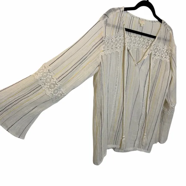 Surf Gypsy Boho Gauze Stripe Bell Sleeve Blouse Crochet Tassel V-Neck Top Small - Image 5