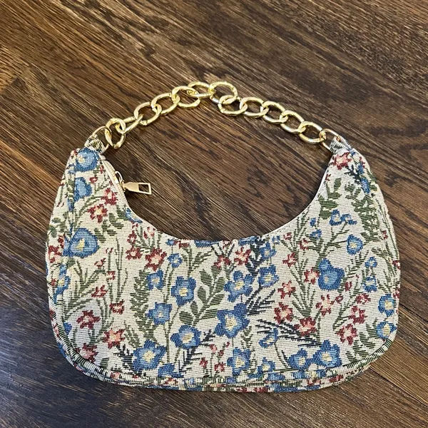 Floral Print Bag with Gold Chain Blue - Image 4