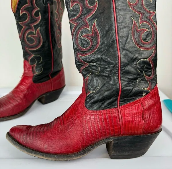 Vtg Nocona Red Black Lizard Leather Westerm Cowgirl Boots Sz 7B - Image 11