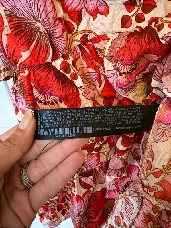 ZARA Sharon Crinkled Textured Floral Print Tiered Mini Dress Red/Pink Sz Large - Image 13