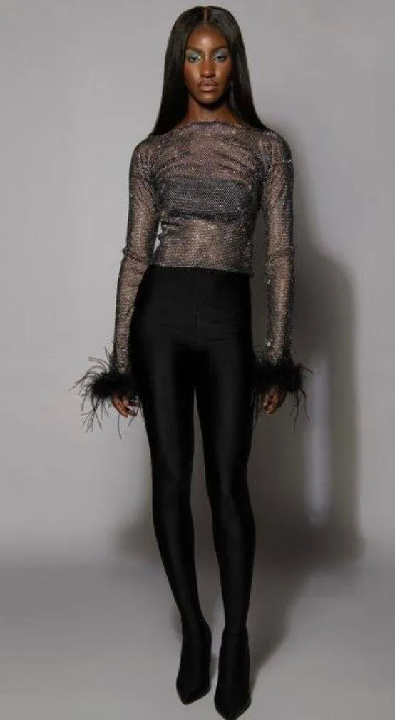 Sheer Feather Rhinestone Top Black - Image 2