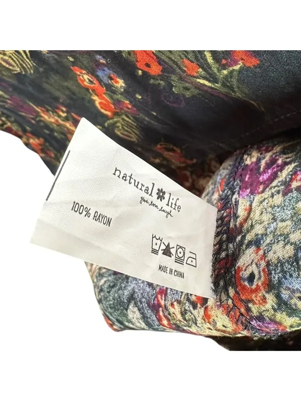 Natural Life Black Floral Boho Peasant Blouse Size Large Rayon Tie Neck Top - Image 5