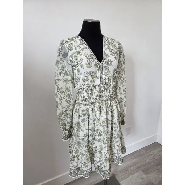 Max Studio Green Floral Dress Milkmaid Smock Flirty Vacation Travel Cottagecore - Image 2