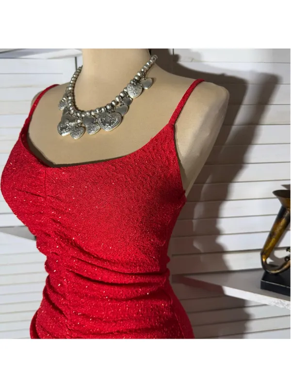 Shiny sparkle red dress ruched midi bodycon padded bra cocktail homecoming NWOT - Image 6