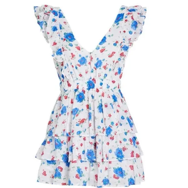 LoveShackFancy Bennett Mini Dress XS blue Notte Floral Cotton Cottage Boho Beach - Image 16
