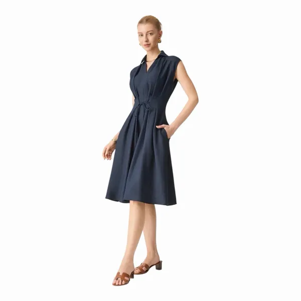 OGL Denim Look Midi Dress Collared Tie Waist Linen Blend NWT Extra Small - Image 13