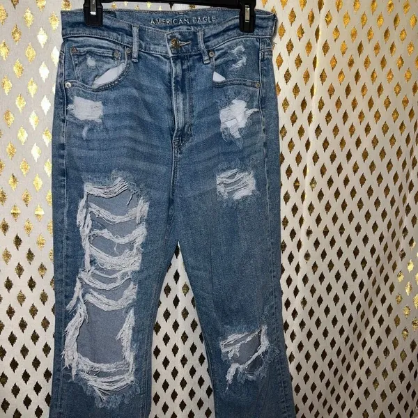 American Eagle jeans super distressed baggy pants straight boyfriend size 8 - Image 2