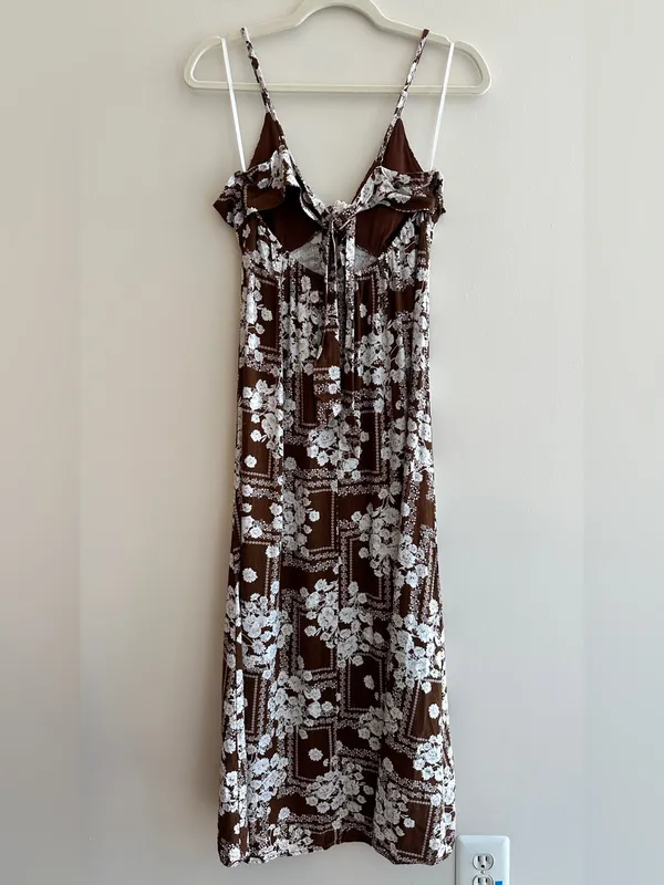 Paper Heart Anthropologie Chocolate Brown Floral Linen Maxi Dress, Size Large - Image 13