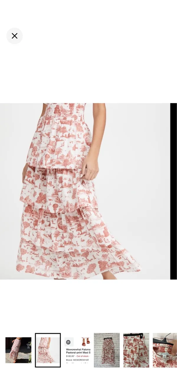 WeWoreWhat Paloma Tiered Pastoral Toile Maxi Skirt Like New Large. Smocked stretchy waist. Beautiful layered ruffles. Rust red/white. Boho/festival vibe. AirTag missing, but this is definitely cotton or cotton blend. 37” long 13.5-16” waist - Image 2