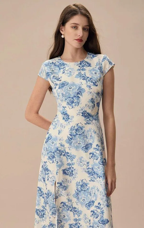 RIHOAS The Blue Round Neck Cap Sleeve Floral Midi Dress 76 - Image 3