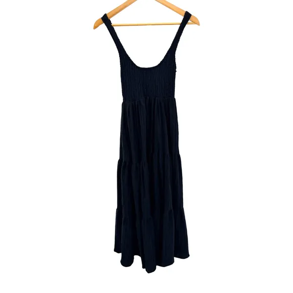 ASOS DESIGN Crinkle Black Smocked Tiered Midi Dress Scoop Neck Sleeveless Size 2 - Image 6