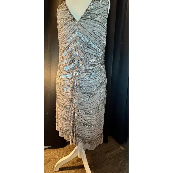 Patra Vintage Sequin Beaded Cocktail Dress Silver Art Deco Gatsby Sz 16 RN 65518 - Image 11