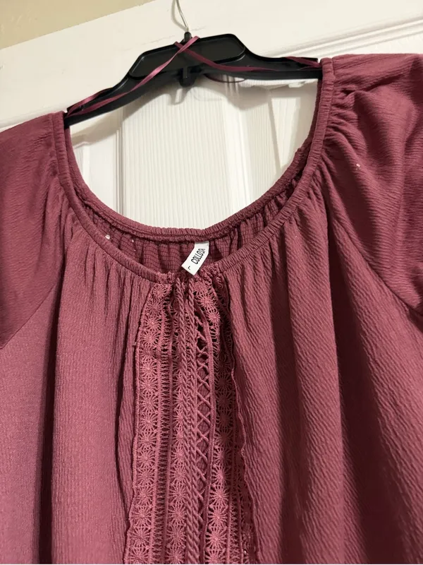 Colosa Boho Crochet Lace Peasant Top Burgundy Mauve Short Sleeve Size L - Image 5
