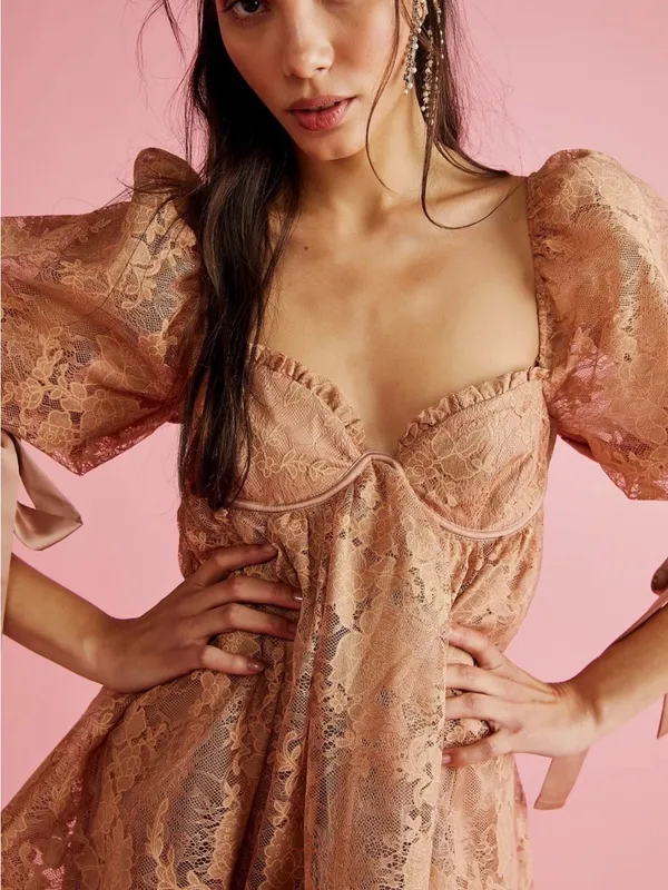 For Love & Lemons Size L Mauve Lace Puff Sleeve Mini Dress Satin Bow Ties - Image 3