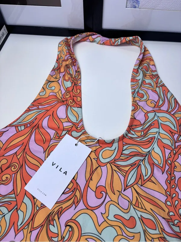 VILA Halter Midi Dress in Orange, Pink & Yellow Swirl Print NWT Size EU M - Image 3