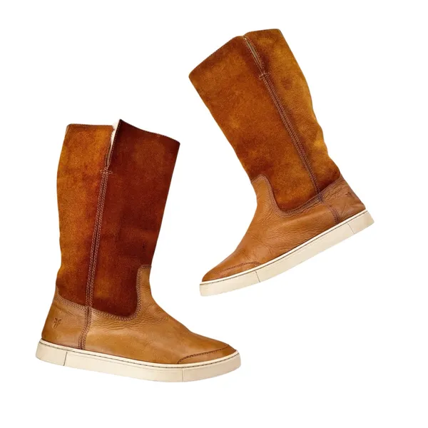 Frye Gemma Tall Shearling Boots Suede and Leather Cognac Size 8.5 - Image 4