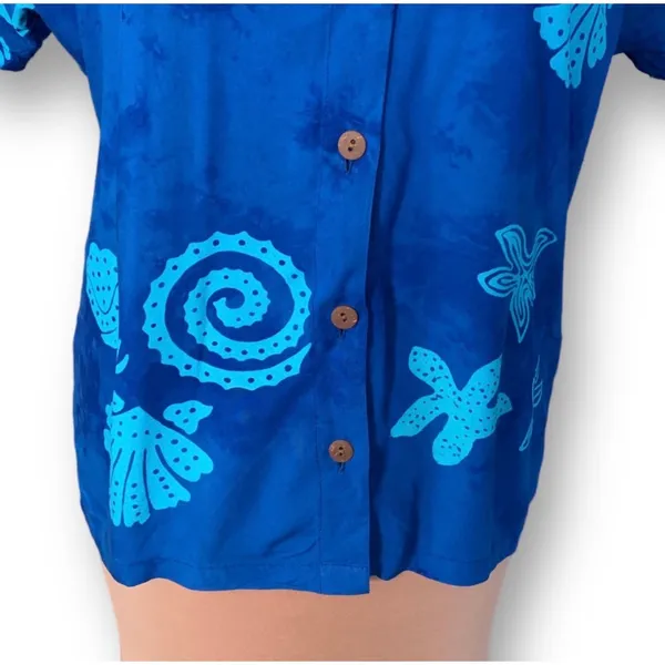 Blue Batik Tropical Shell Starfish Rayon Button Front Top Coastal Nautical Beach - Image 5