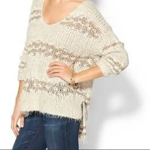 Free People Linus fuzzy striped sweater cotton wool blend in natural M - Image 8