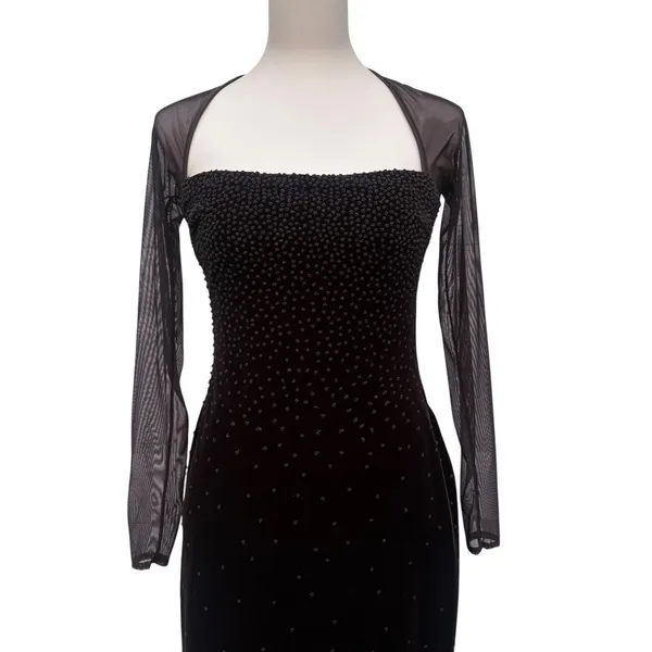 VTG 90s‎ Cache Velvet Beaded Evening Gown XS Brown Sheer Mesh Maxi FairyGrunge - Image 3